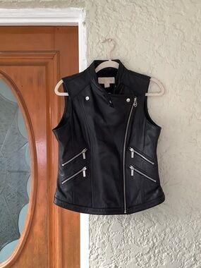 Michael Kors Black Leather Sleeveless Moto Vest